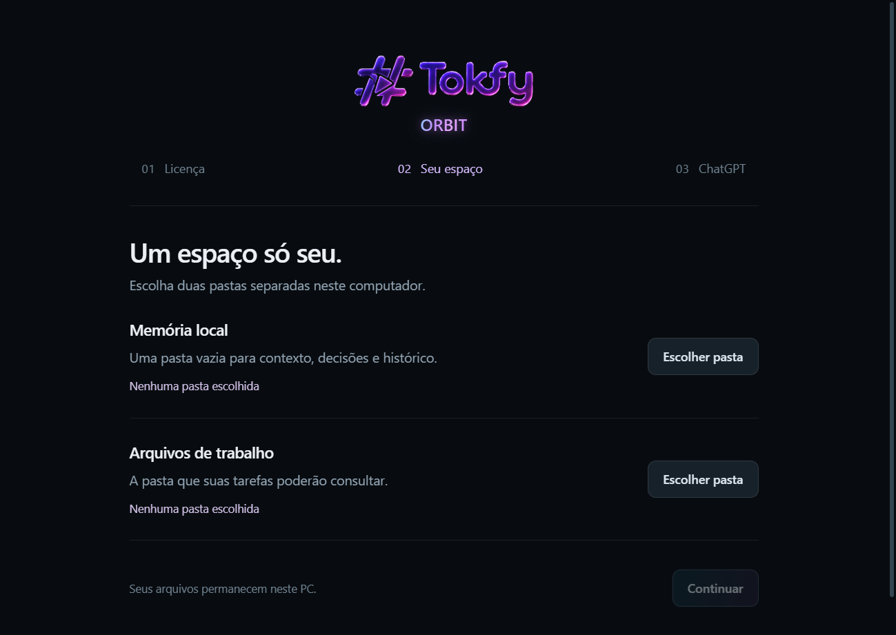 Tela Seu espaço com duas escolhas separadas: Memória local e Arquivos de trabalho